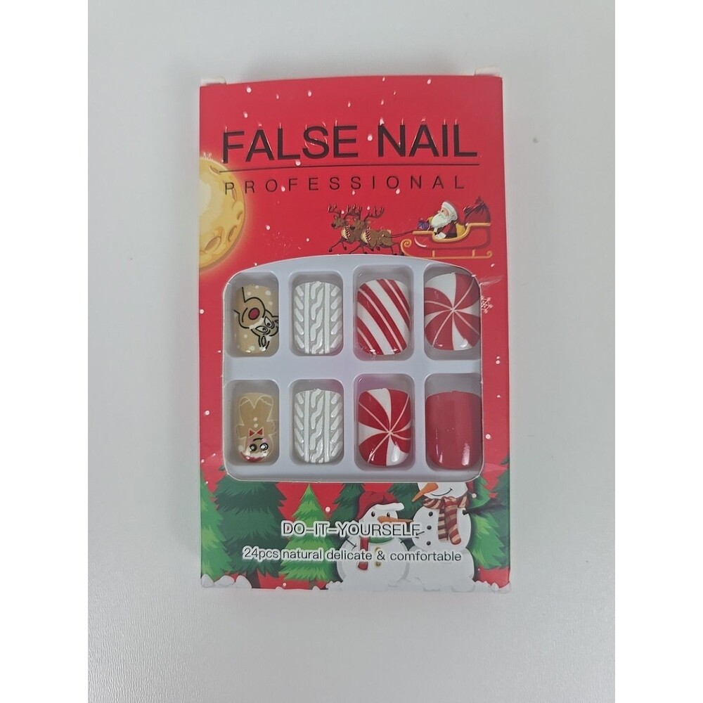 24 Piece Press On Nails Christmas Candy Cane Gingerbread Man Reindeer - Picture 2 of 3